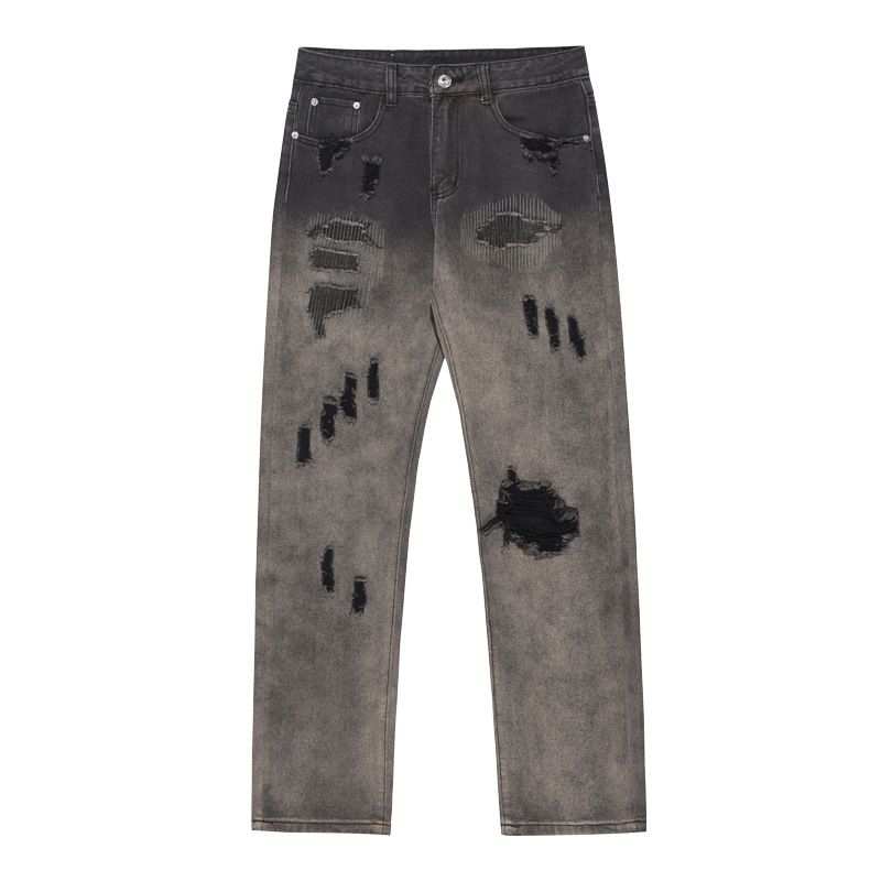 Vintage Washed Black Patch Ripped Jeans For Men | Distressed Straight-Leg Trousers | S-XXXL_mkmklike.com
