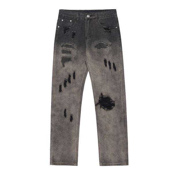 Vintage Washed Black Patch Ripped Jeans For Men | Distressed Straight-Leg Trousers | S-XXXL_mkmklike.com