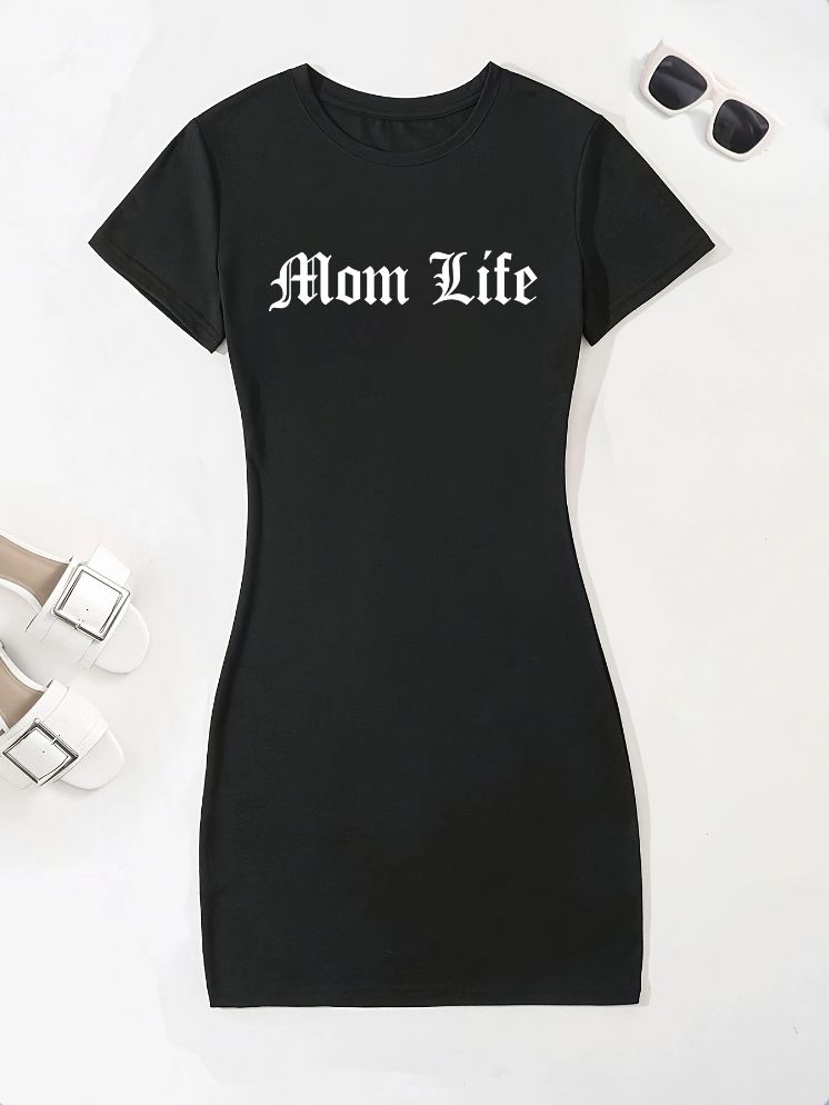Fashionable and versatile slim dress, light and breathable, letter print, long basic_mkmklike.com