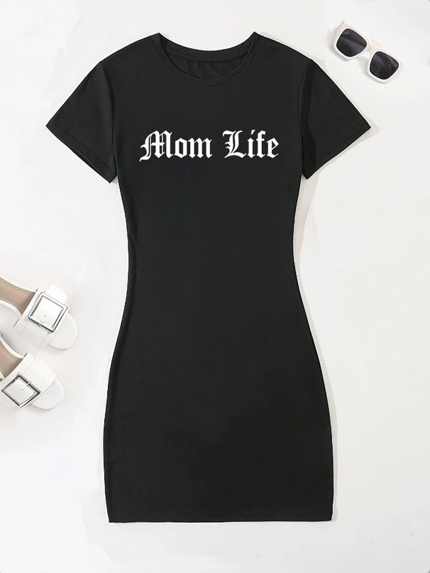 Fashionable and versatile slim dress, light and breathable, letter print, long basic_mkmklike.com