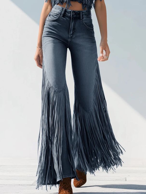 Women's Clothing Fringe Hem Raw Edge Distressed Denim Pants For Women - High Waisted Straight Leg Boho Chic Trousers With Asymmetrical Design_mkmklike.com