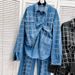 Women's Clothing design heavy diamond plaid denim shirt top loose hot diamond casual jeans suit_mkmklike.com