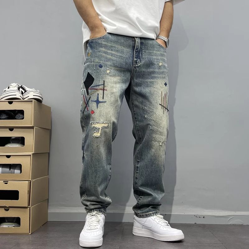 Men's Heavyweight Washed Distressed Denim Jeans Trendy Stylish Patches High End Embroidered Prints Loose Fitting Tapered Straight Leg Jeans_mkmklike.com