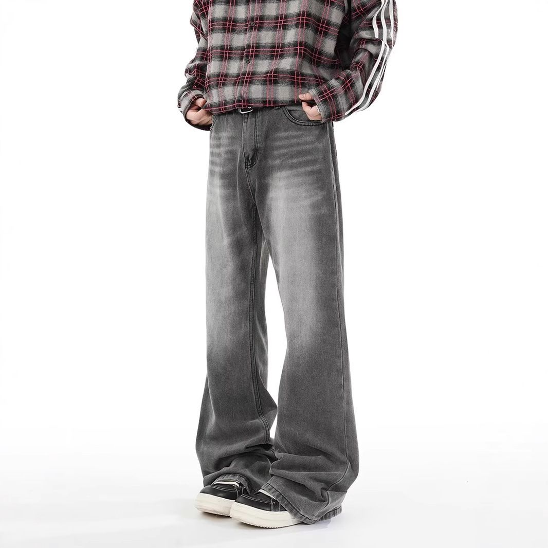 Men's Smoky Gray Distressed Denim Jeans Slightly Flared Loose Straight Leg Autumn Fashion High Street_mkmklike.com