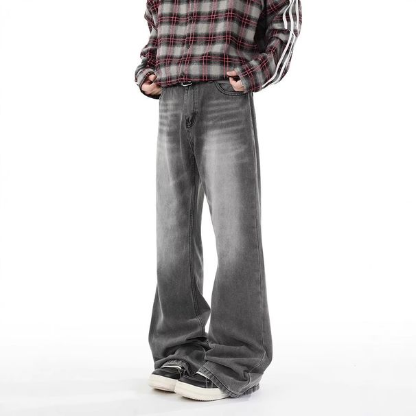 Men's Smoky Gray Distressed Denim Jeans Slightly Flared Loose Straight Leg Autumn Fashion High Street_mkmklike.com