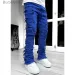 Men's Skinny Fringe Hip-hop R Edge Elastic Patch Punk Rock Long Tight Fit Stacked Jeans Denim Pants Blue Pink_mkmklike.com