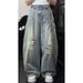 Summer Trendy Retro Patchwork Design Ripped Belt Loose Fit Denim Jeans for Women Versatile Casual Style_mkmklike.com