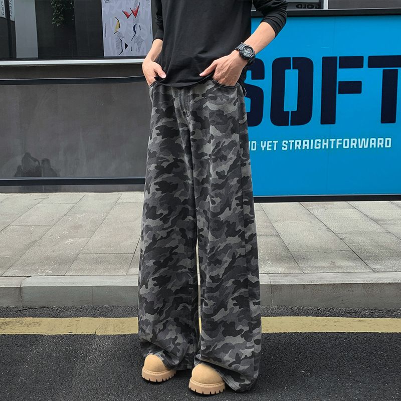American Camouflage Jeans Men's Autumn High Street Trendy Brand Large Size Loose Wide Leg Mopping Trousers Scimitar Pants Men's_mkmklike.com