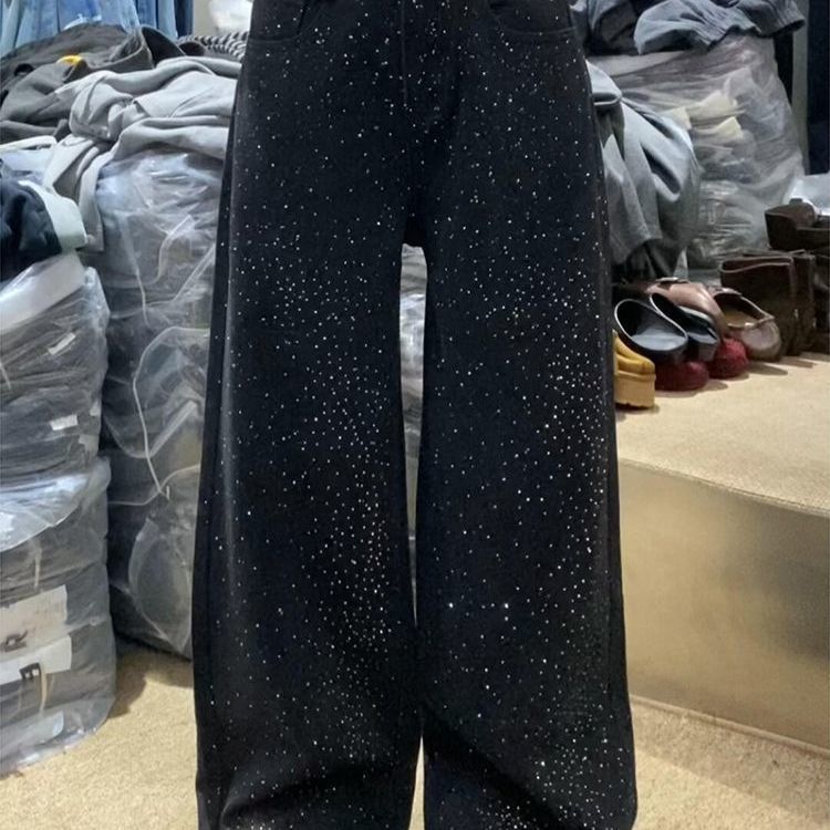 Vintage American Glam Rhinestone Jeans For Women - Loose Fit, Relaxed, High-Waisted Flared Pants With Sparkling Embellishments_mkmklike.com