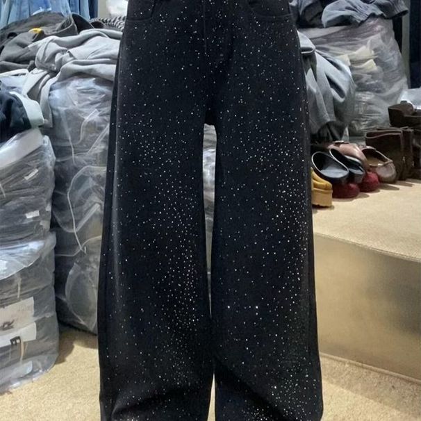 Vintage American Glam Rhinestone Jeans For Women - Loose Fit, Relaxed, High-Waisted Flared Pants With Sparkling Embellishments_mkmklike.com