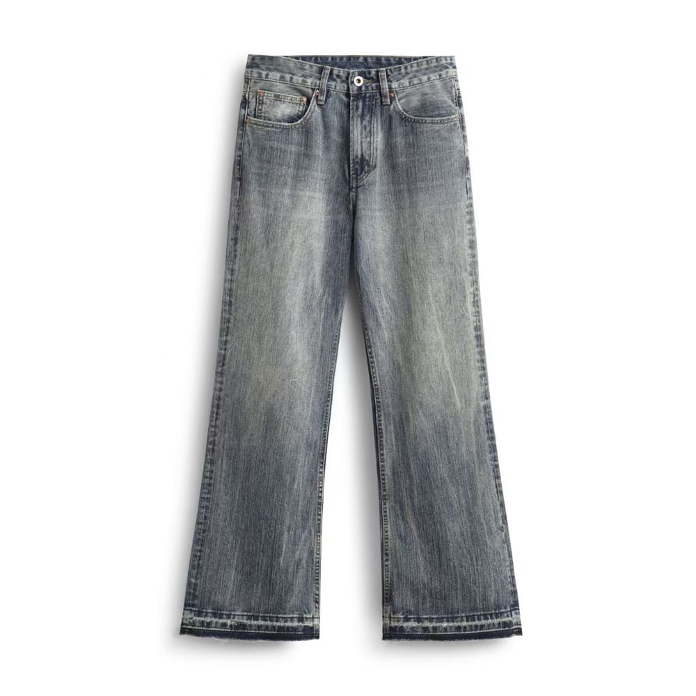 Distressed Washed Frayed Flared Jeans Men's Long Vibe Hippie Trend American Loose Wide-Leg Pants_mkmklike.com