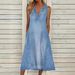 ELLE European And American Summer New Solid Color Sleeveless V-Neck Casual Denim Dress_mkmklike.com