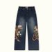 Vintage Print Straight Leg Jeans For Men, Relaxed Fit Loose Trousers, Retro Floral Pattern, Comfortable Cotton Blend, Casual Wide Leg Pants_mkmklike.com