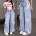 Women's Clothing Women's Bow Detail Straight Leg Jeans - High Waist Loose Wide Leg Pants For Casual Streetwear (Light Blue/ Dark Blue, Sizes 27-30)_mkmklike.com