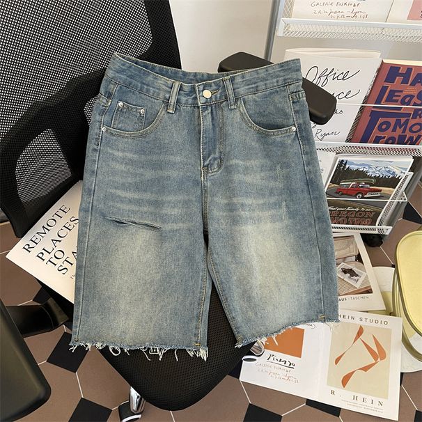 Men's Clothing Men's Ripped Denim Shorts Summer Style Thin Retro Washed Straight Leg Frayed Hem Trendy Wide Leg Five Point Pants_mkmklike.com