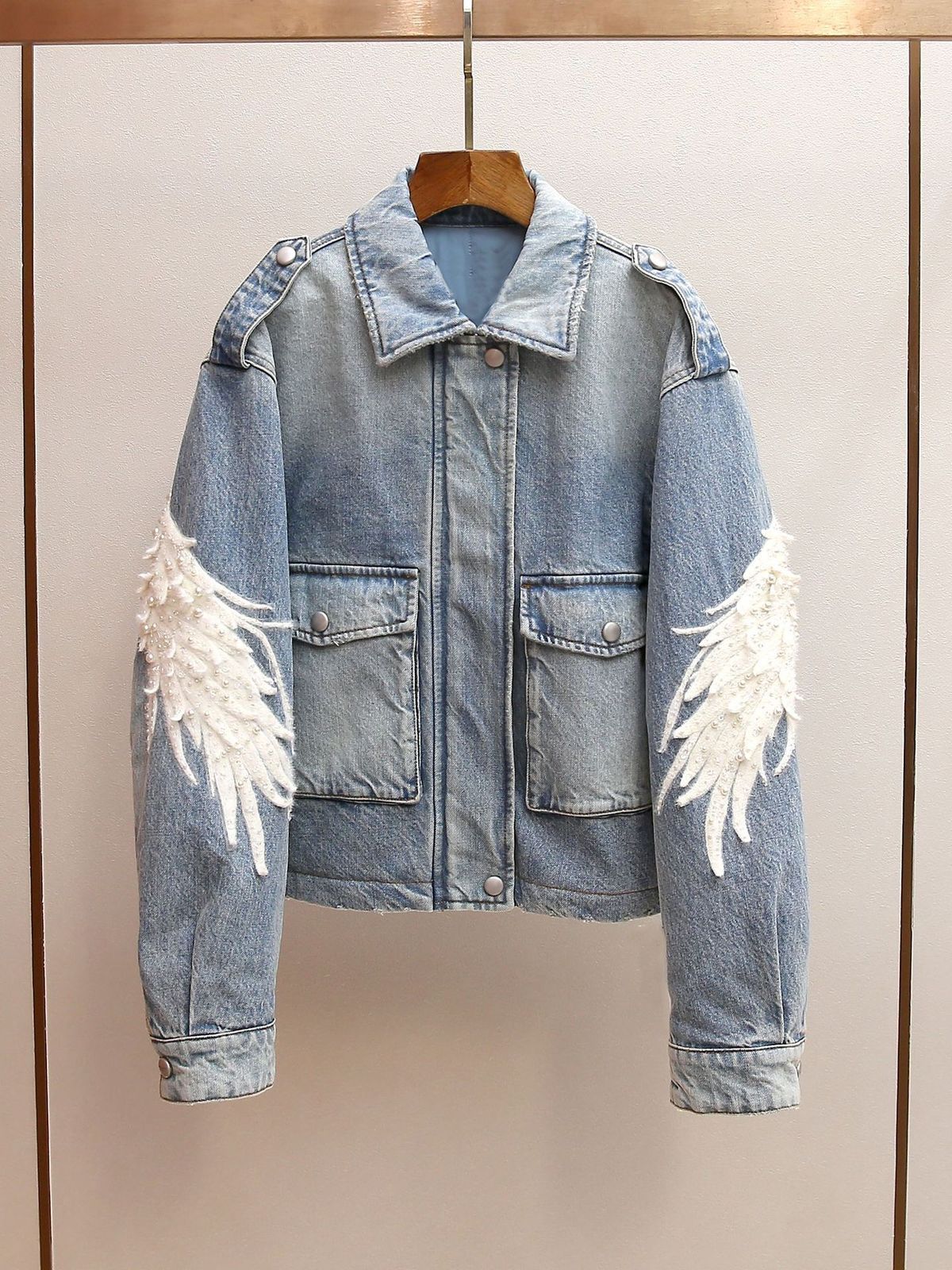 Women's Winter Denim Jacket Korean Style Beaded Lapel Cotton Coat_mkmklike.com