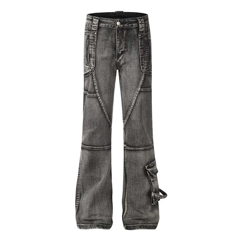 Men’s & Women’s Distressed Patchwork Cargo Jeans – Oversized Flared Denim Pants With Raw Hem (S-L, Black)_mkmklike.com