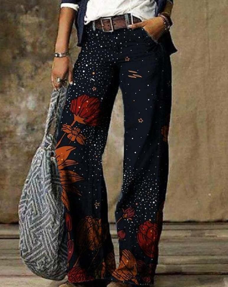 Women's clothing Wide Leg Pants Straight Casual Retro Floral Print Pants Casual Pants Trousers_mkmklike.com
