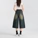 Women's American Retro Distressed Blue Cropped Jeans Summer Thin Loose Fit Mid-Length Over The Knee Wide Leg Shorts_mkmklike.com