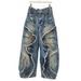 Edgy Grunge Cargo Pants For Women – Distressed Wash & Asymmetrical Cut With Lace-Up Detail, Retro Vintage Streetwear Style_mkmklike.com