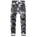 Men's Colorful Floral Print Stretch Denim Casual Wide Leg Pants mid Waist Black Blue Non-Stretch Cotton Long Jeans_mkmklike.com