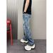 Men's Vintage Washed Denim Pants, Gradient Straight-Leg Jeans With Unique Curved Hem Design For Casual Wear_mkmklike.com