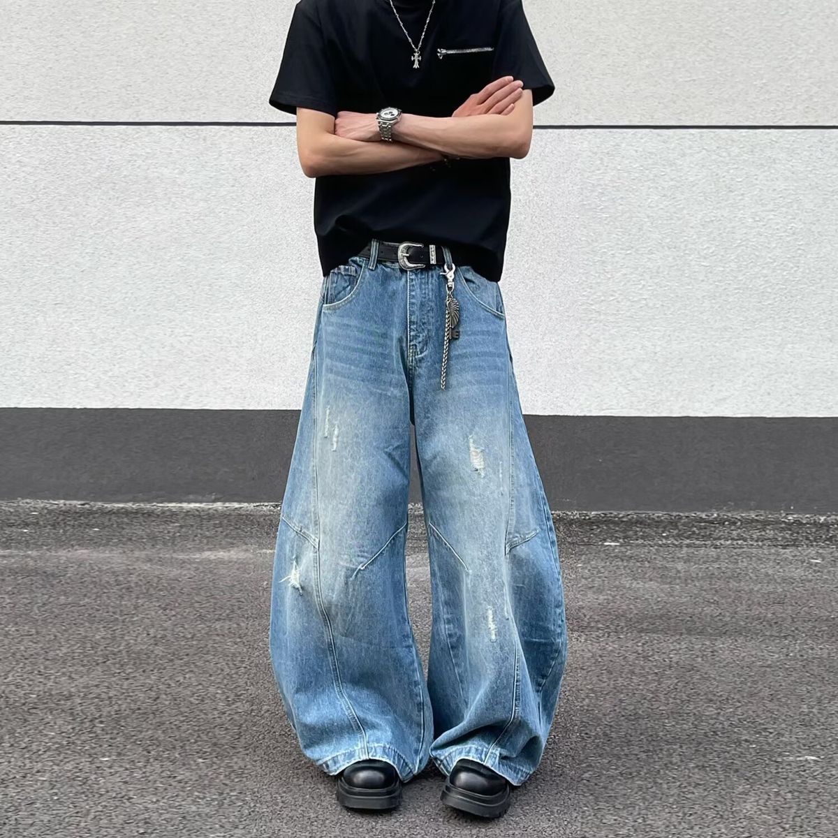 Cross Border American Style Stylish Washed Trendy Curved Blade Jeans For Men, Loose Wide Leg, Draped Silhouette, Sickle Shaped Floor Length Pants_mkmklike.com
