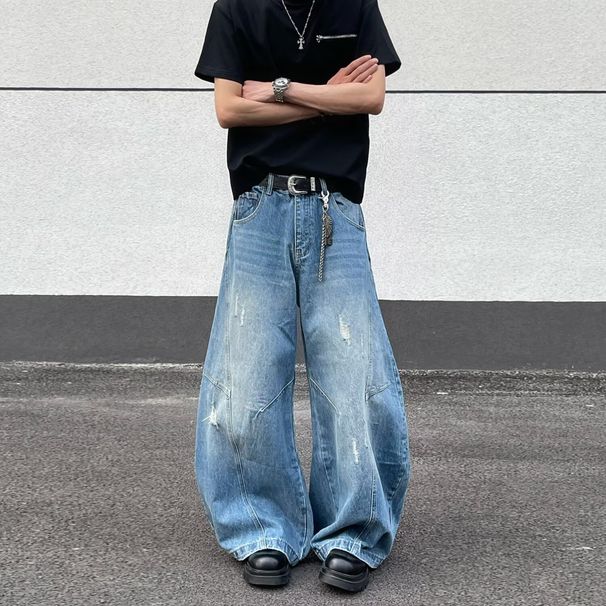 Cross Border American Style Stylish Washed Trendy Curved Blade Jeans For Men, Loose Wide Leg, Draped Silhouette, Sickle Shaped Floor Length Pants_mkmklike.com