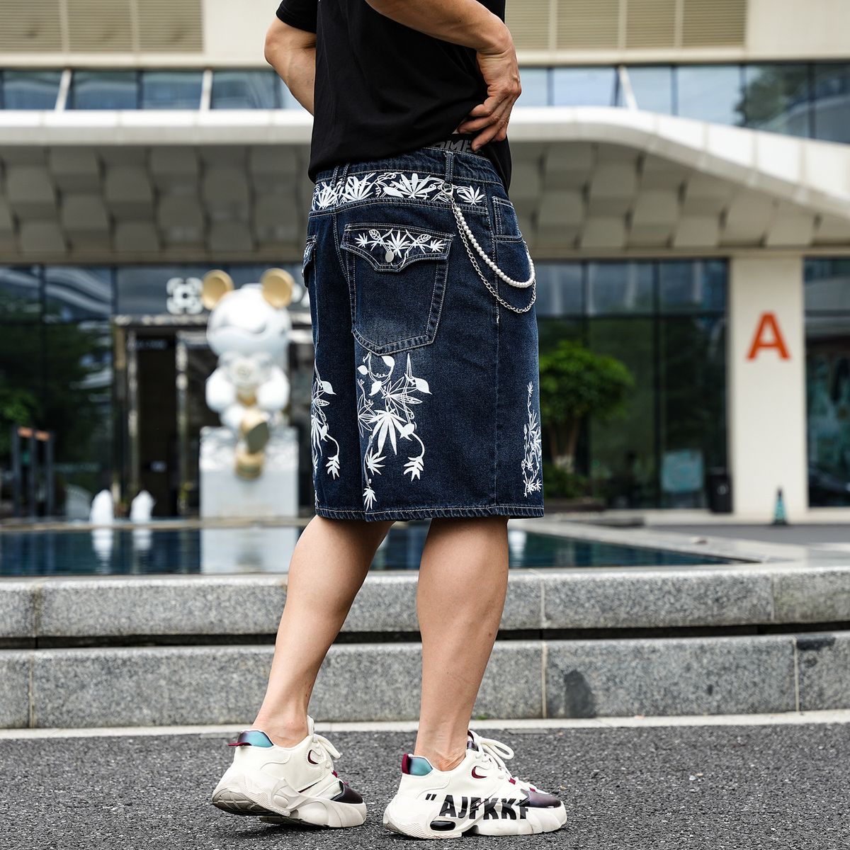 Men's Blue Loose Straight Leg Denim Shorts Mid-Length Patchwork Trendy Brand Five-Point Print Cross-Border European Size_mkmklike.com