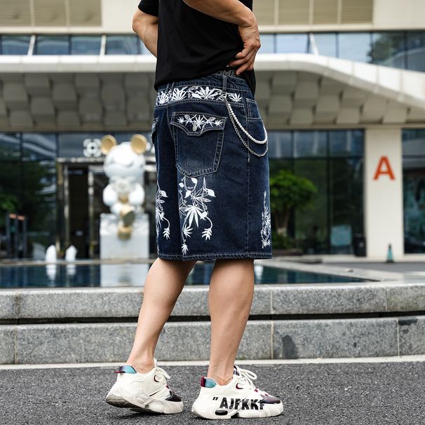 Men's Blue Loose Straight Leg Denim Shorts Mid-Length Patchwork Trendy Brand Five-Point Print Cross-Border European Size_mkmklike.com