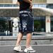 Men's Blue Loose Straight Leg Denim Shorts Mid-Length Patchwork Trendy Brand Five-Point Print Cross-Border European Size_mkmklike.com