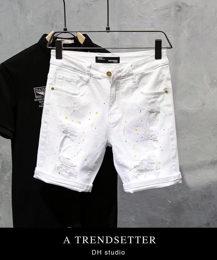 Men's Casual Denim Shorts With Button Fly, Summer Thin Stretch Slim Fit Ripped Knee Distressed Jeans Shorts For Men_mkmklike.com