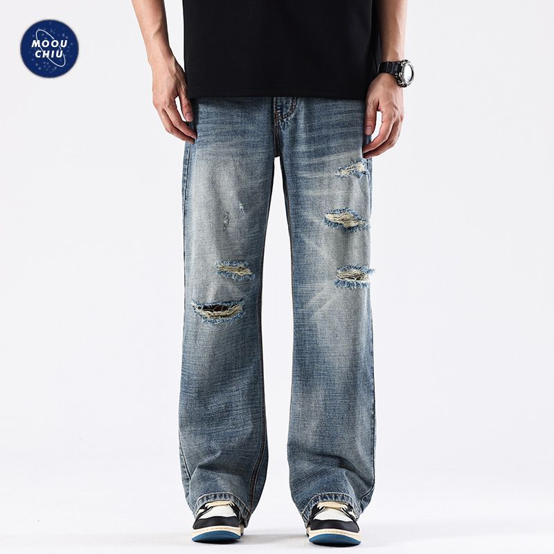 Nordmann Muqiu Clothing | Summer New Ripped Washed Vintage Jeans Men's Trendy American Style Loose Straight Long Pants_mkmklike.com