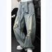 Men's Light Blue Distressed Denim Jeans With Deconstructed Pleats, Loose Fit Wide Leg Cargo Pants For Street Style_mkmklike.com