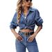 Women's Clothing Vintage Denim Shirt Jacket For Women - Lightweight Oversized Cotton Blend Casual Top With Long Sleeves & Classic Collar ( XS/S/M/L)_mkmklike.com
