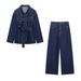 Women's Clothing Belt Lapel Jacket Denim Wide Leg Trousers_mkmklike.com