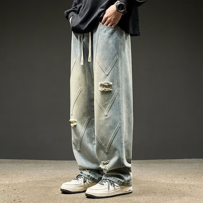 Men's Distressed Denim Jeans Vintage Washed Ripped Straight-Leg Pants American High-Street Fashion Blue/Gray S-3XL_mkmklike.com