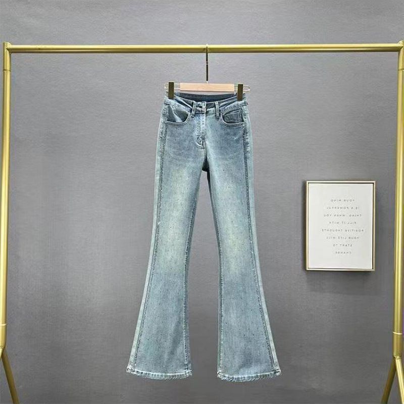 Women's Clothing Women's High-Waisted Slim Fit Denim Jeans Style Hot Stamped Rhinestone Trendy Autumn Heavy Duty Flared Pants_mkmklike.com
