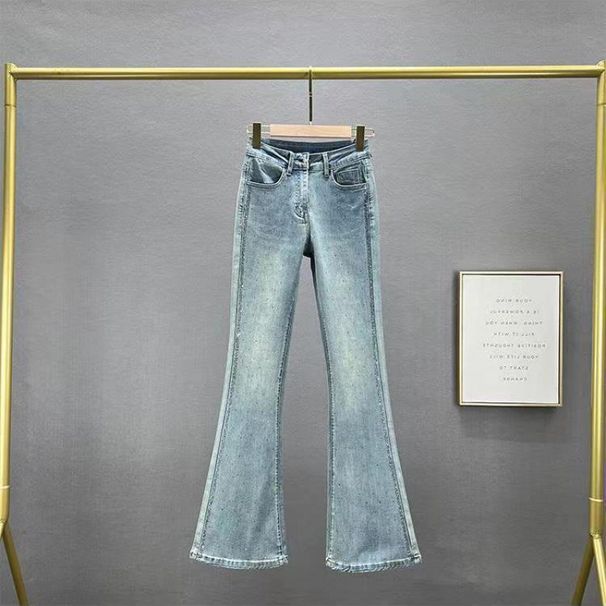 Women's Clothing Women's High-Waisted Slim Fit Denim Jeans Style Hot Stamped Rhinestone Trendy Autumn Heavy Duty Flared Pants_mkmklike.com