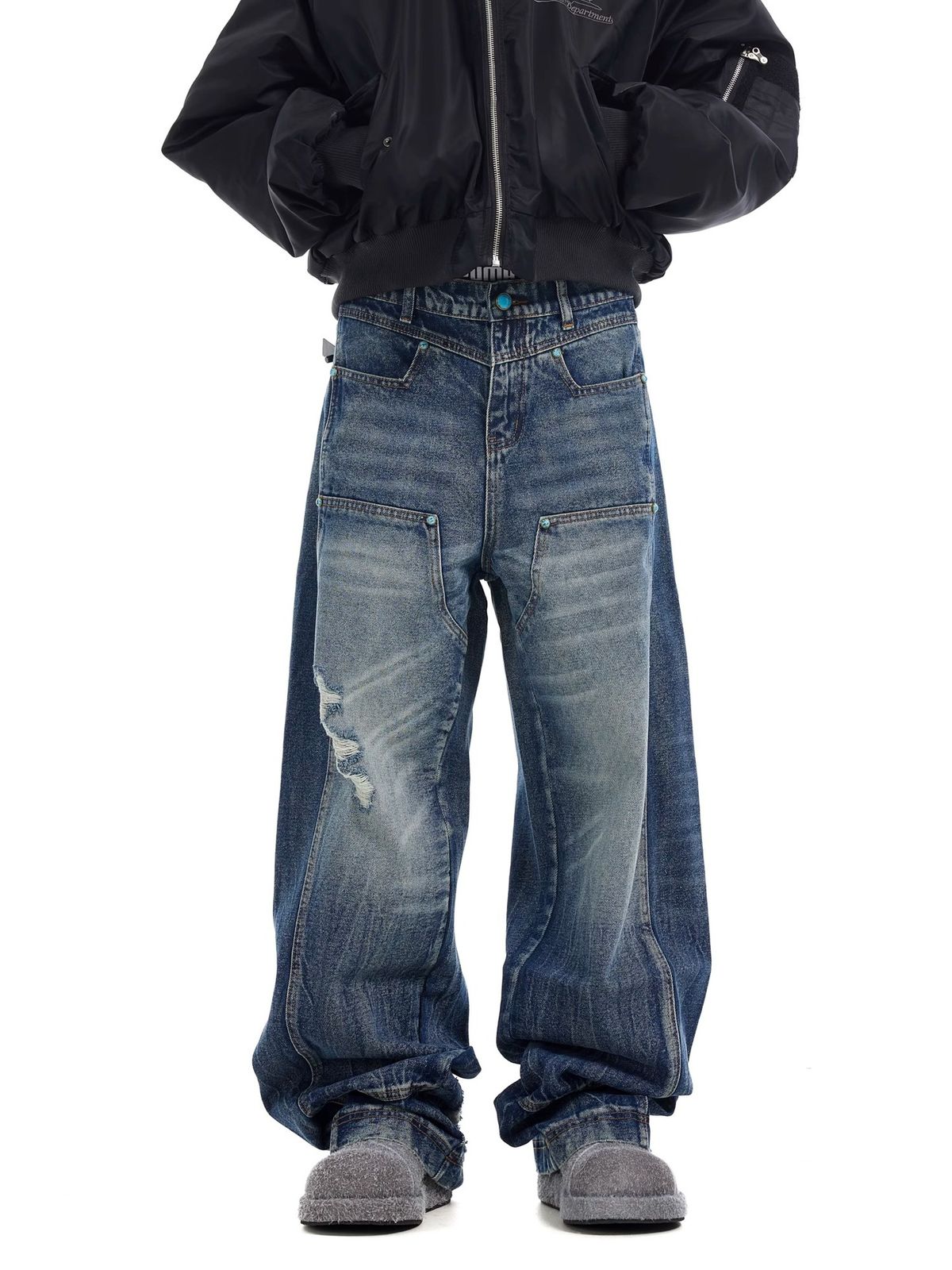 American Niche Design Washing Water Ripple Ripped Blue Jeans Men's And Women's Trend Ruffian Handsome Splicing Straight Casual Pants_mkmklike.com