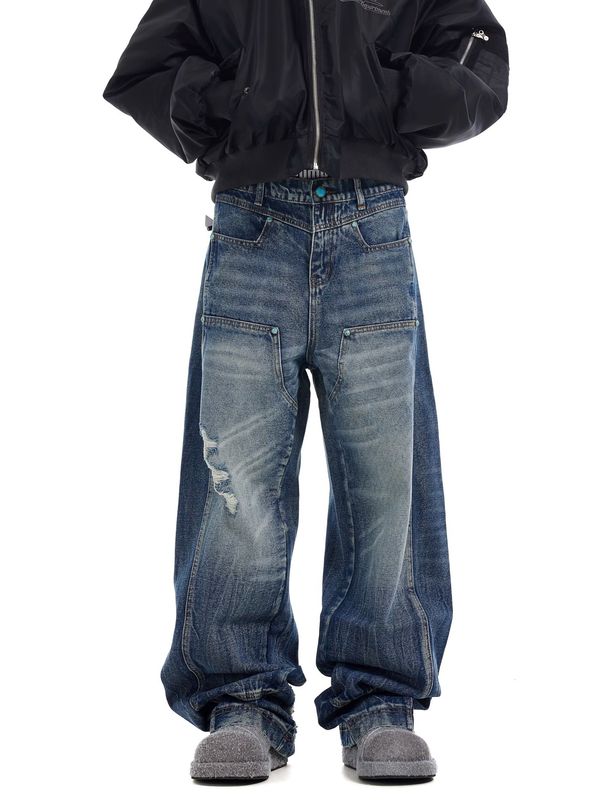 American Niche Design Washing Water Ripple Ripped Blue Jeans Men's And Women's Trend Ruffian Handsome Splicing Straight Casual Pants_mkmklike.com