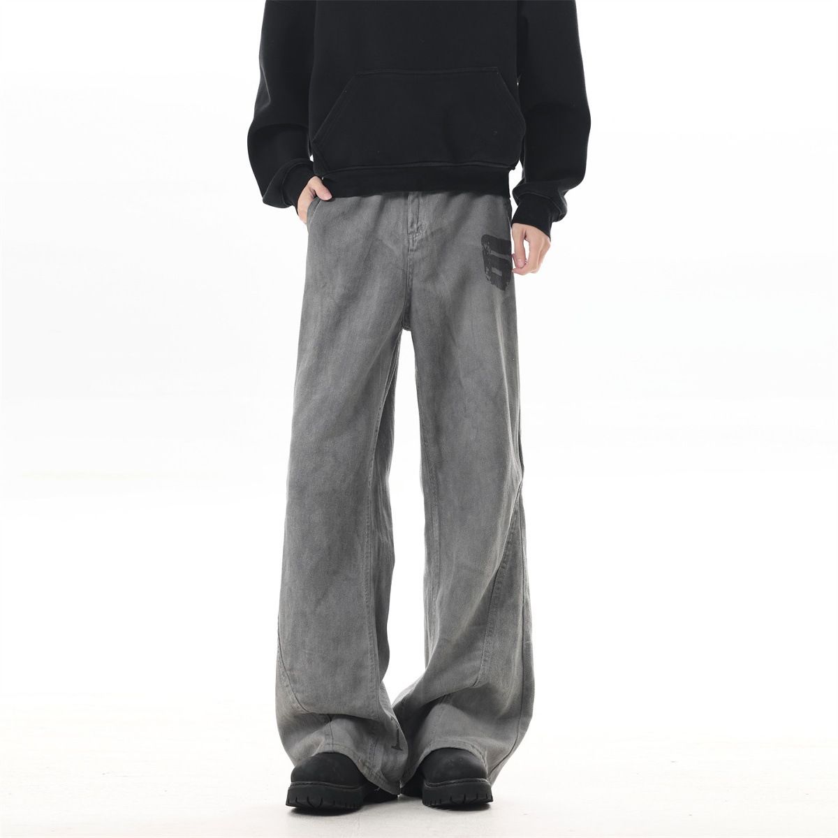 Grey Printed Distressed Flared Straight Leg Jeans For Men, Vibe Style, American Street Style, Structured Patchwork Floor Length Trousers_mkmklike.com