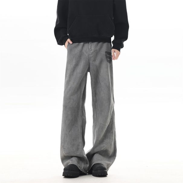 Grey Printed Distressed Flared Straight Leg Jeans For Men, Vibe Style, American Street Style, Structured Patchwork Floor Length Trousers_mkmklike.com