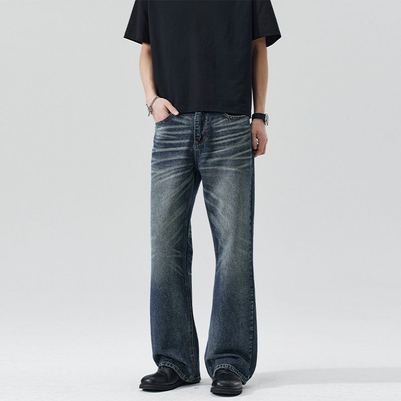 Men's Slim Fit Flared Jeans American Style Washed Natural Hand Painted Whiskered Cleanfit Trousers_mkmklike.com