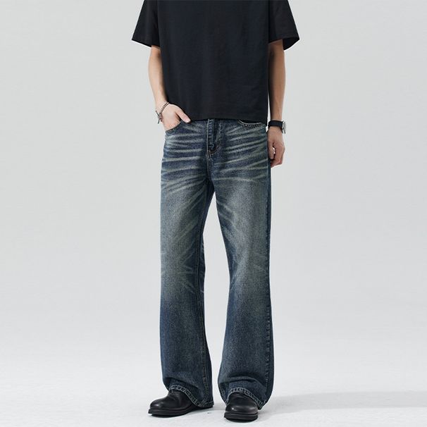 Men's Slim Fit Flared Jeans American Style Washed Natural Hand Painted Whiskered Cleanfit Trousers_mkmklike.com