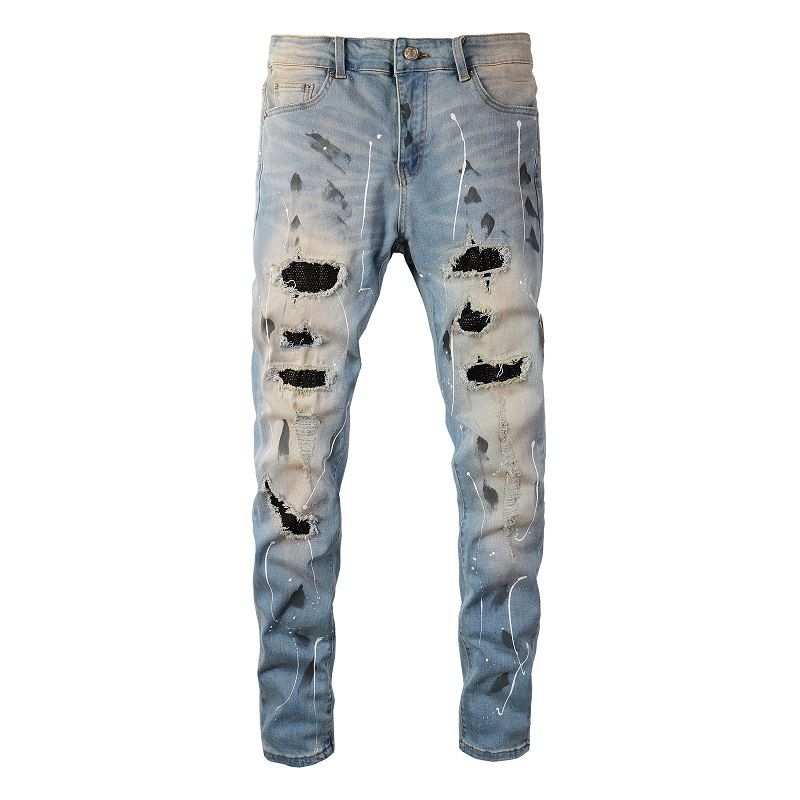 Men's Clothing European And American High Street Men's Jeans Hot Diamond Patch Slim Men's Straight Leg Ripped Jeans Men's Trendy Brand Pants 6523_mkmklike.com