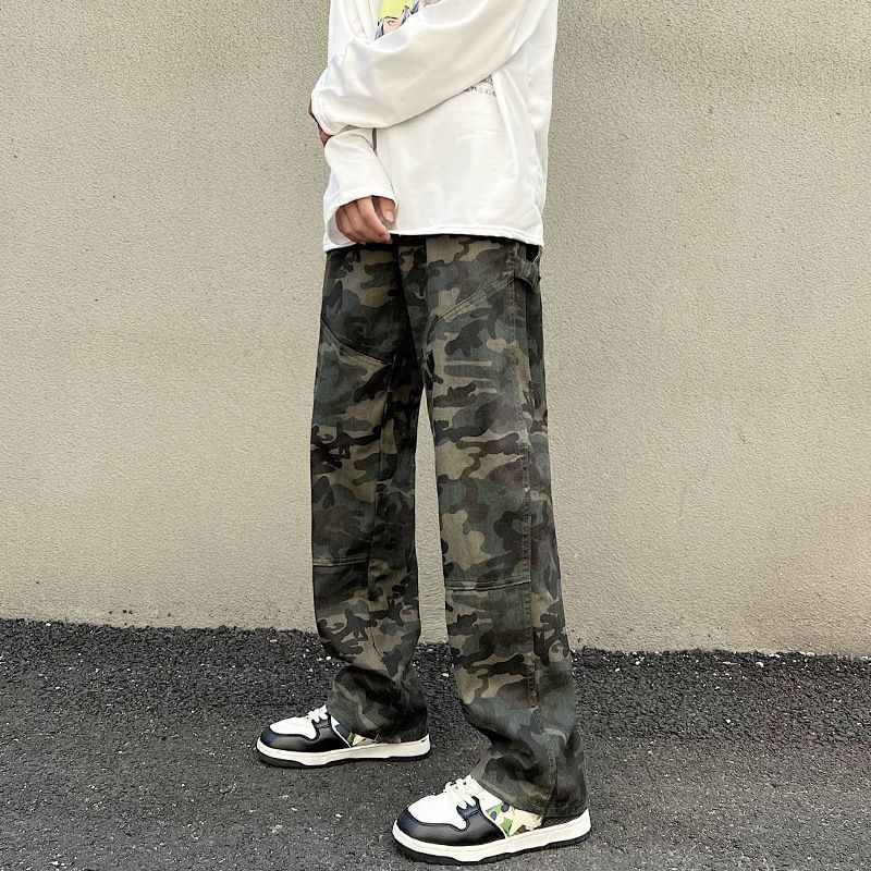 LKTM Men's Camouflage Cargo Jeans Loose Straight Leg Wide Leg Casual Pants Trendy Style For Men And Women_mkmklike.com