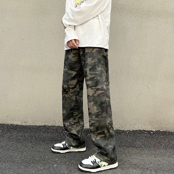 LKTM Men's Camouflage Cargo Jeans Loose Straight Leg Wide Leg Casual Pants Trendy Style For Men And Women_mkmklike.com