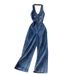 Women's fashion sleeveless halter high waist slim wide leg denim jumpsuit_mkmklike.com