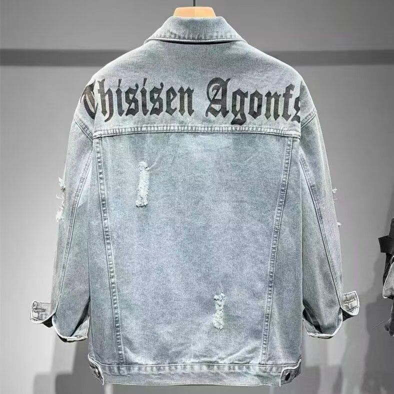 Foreign Trade High Street Distressed Denim Men's Trendy Printed Casual Jacket Spring And Autumn American Style Loose_mkmklike.com